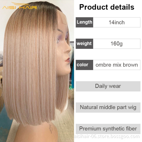 Aisi Hair 14 Inch High Quality Synthetic Highlight Lace Wig Ombre Blonde Lace Front Synthetic Hair Bob Wigs For Black Women